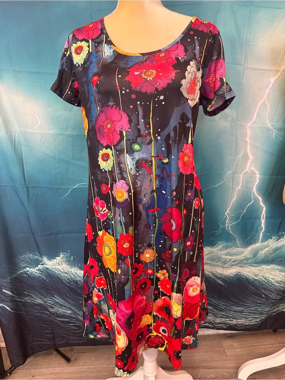 Floral Midi Dress in Black with Pink Blooms